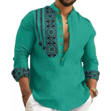 Deemoon Camisa Casual de Manga Comprida em Algodão para Homens com Gola Mandarim