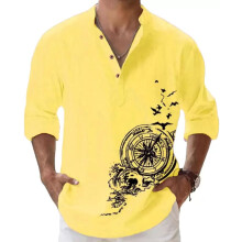 Deemoon Camisa Casual Masculina de Algodão Amarelo com Gola Mandarim