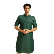 Diwas By Manyavar Camisa Pathani Sólida de Seda Artística para Homem (Verde Escuro,S)