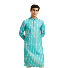 Diwas By Manyavar Camisa Impressa em Mistura de Algodão para Homens (Azul Turquesa,S)