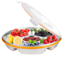 Divided Serving Tray with Lid - Reusable Veggie Tray with Lid and Dip Snack Platter 6 Compartments 10inch 60oz