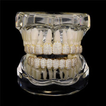 10/10 Iced Out CZ Stone Teeth Grillz Top Bottom Zircon Tooth Caps for Women Men Jewelry Party Gift Gold