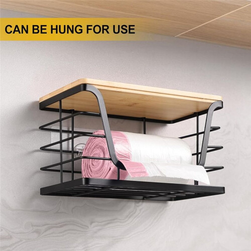2 Pack Storage Stackable Kitchen Laundry Organizers with Bamboo Top, Wall Mount Large Trash Bag Holder and Standard 2