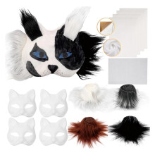 Kit de Masques Thériens (Chat et Renard) avec Fourrure, Œil en Maille et Feutrine (4 Pièces) - Masques D'Animaux à Peindre - Loisirs Créatifs et