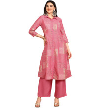 Ishin Pink Floral Printed Shirt Collar A-Line Kurta With Trousers