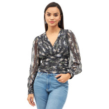 Harpa Zwarte V-Hals Bloemen Rimpel Lange Mouw Top