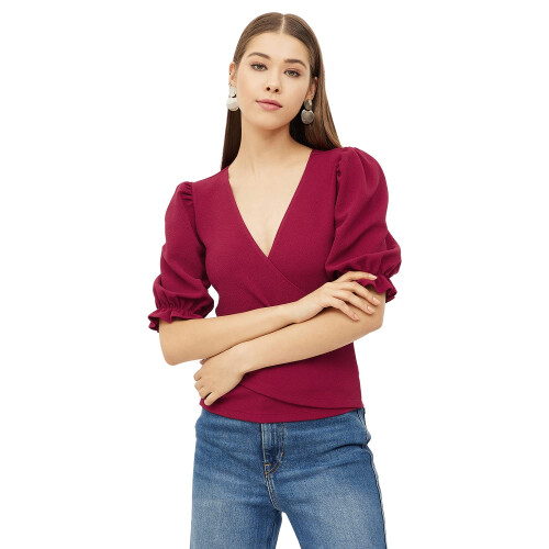 Harpa Maroon V-Hals Top met Pofmouwen