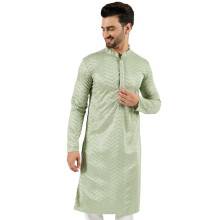 Kurta Longo Verde em Viscose Rayon com Bordado Chevron | Kurta Masculina | Fit Reto (Mku1109, S)
