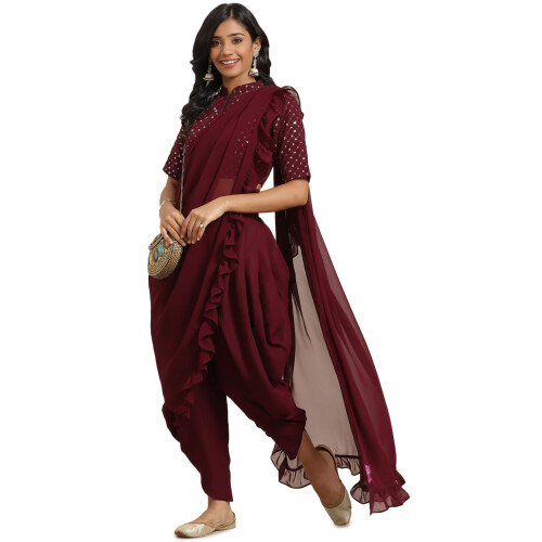 Libas Kvinnors Utsmyckad Georgette Dhoti Saree