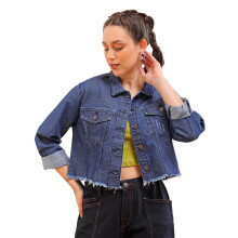 Freehand Dames Katoen Effen Open Voorkant Versleten Crop Denim Jacket