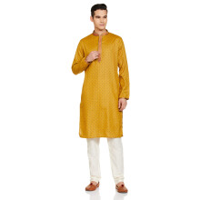 Manyavar Mosterd Gemengde Viscose Geprinte Casual Kurta Set Voor Mannen