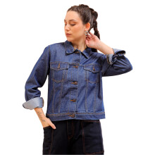 Freehand Dames Katoenen Print Open Voor Crop Denim Jacket