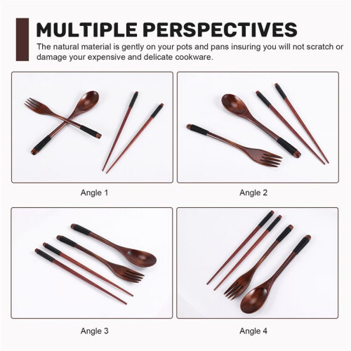 Wooden Flatware Set, Wooden Portable Set Chopsticks Spoon Fork Tableware Dinnerware with Black Twining Thread 2