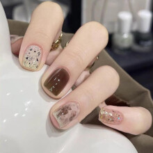 24Pcs Short Brown Press on Nails Set, Square Full Cover Reusable Fake Nails for Women, Fast Salon Manicure