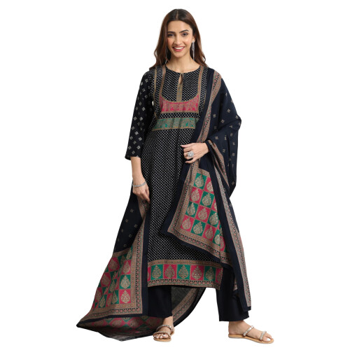 Libas Women'S Silk Blend Kurta Set (400057O_Navy Blue_L)