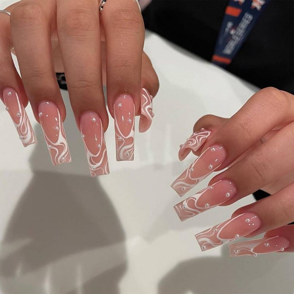 Long Pearl Pink Press On Nails Set, 24pcs Acrylic Fake Nails for Women and Girls, SalonQuality Manicure