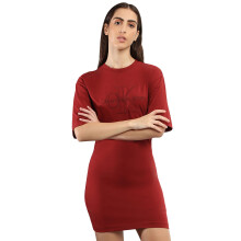 Calvin Klein Rotes Baumwollkleid mit Rundhalsausschnitt, kurzen Ärmeln, regulärer Passform