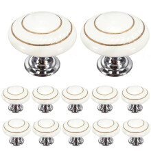 White Ceramic Cabinet Knobs with Gold Accents, 12 Pcs Round Vintage Drawer Pulls for Dresser and Cupboard