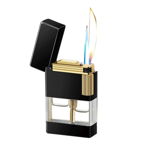 Butane Torch Lighter Double Flame Refillable Windproof Jet Lighter with Visible Fuel Window Black