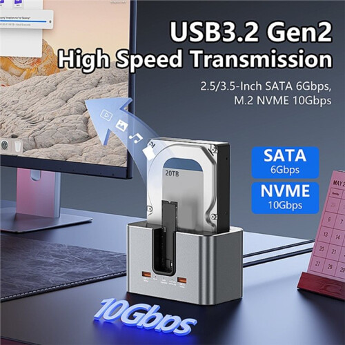 Nvme/ Solid-State Drive Enclosure, 2.5/3.5 Hard Drive Base M2 Dual Protocol, SSD Extended USB 3.2 Reader, EU Power 2