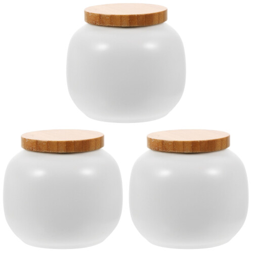 3Pcs Smooth White Ceramic Jars with Bamboo Lid for Coffee Tea Storage