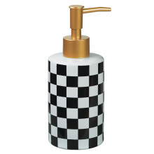 Checkered Ceramic Soap Dispenser White and Black with Gold Pump, Modern Checkerboard Design for Bathroom and Kitchen