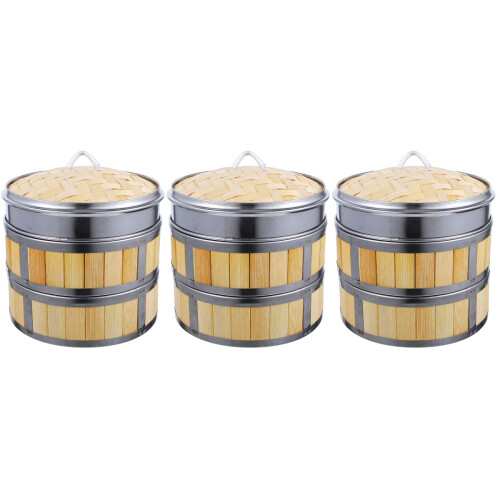 3Sets Bamboo Dumpling Steamer Basket with Stainless Steel Rack Set 2
