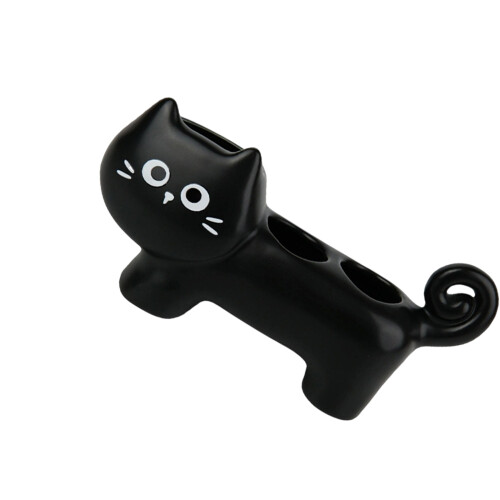 Kitten Ceramic Toothbrush Holder 3 Slots Brush Toothpaste-Black