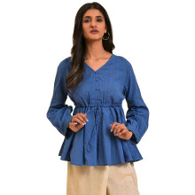 W For Woman Blauw Seer Sucker Peplum Top (Maat: 2Xl)-23Few31186-820643