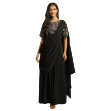 Wishful By W Kvinnors Svart Predrape Saree Klänning Med Flerfärgad Broderi