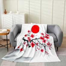 Queen Size Bedding Set White and Red, Ultra Soft Flannel Floral Fleece Blanket with Japanese Cherry Blossom Pattern 90x90