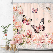 Floral Shower Curtain 60x72 Vintage Pink Butterfly Design Rustic Rose Gold Peony Bathroom Decor