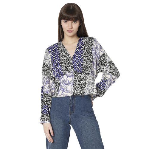 Vero Moda Dames Abstract Print Polyester Regular Fit Blauwe Top