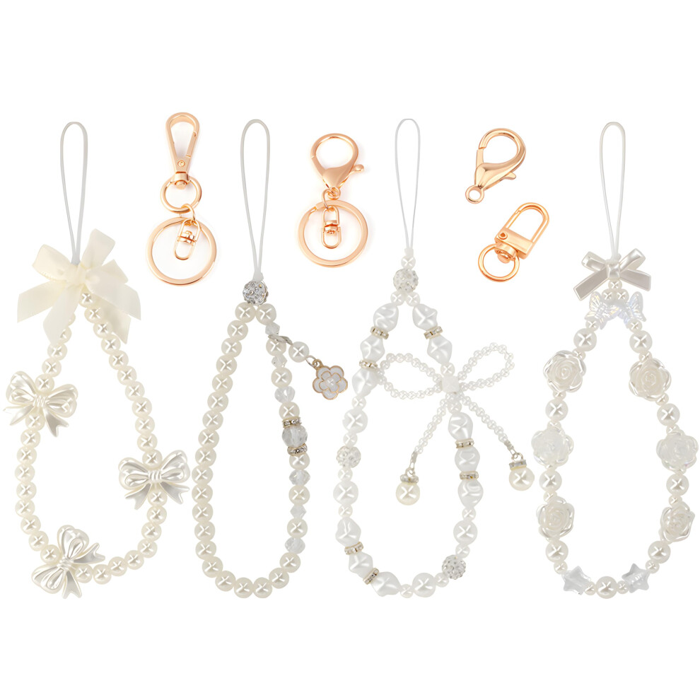 4Pcs Beaded Pearl Phone Charm Strap For Women, Butterfly Flower Y2k Wrist Lanyard With Buckle Gold 9771547759447