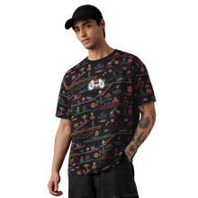 The Souled Store Oversized T-Shirt: Level-Up Men And Boys Black Graphic Printed Gaming Print Cotton Casual