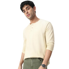 Urbano Fashion Herre Cloud Cream Solid Henley Neck Slim Fit T-Shirt (Hentee-Full-Cream-Xl)
