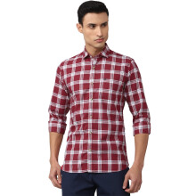 Peter England Ανδρικό Μπορντό Slim Fit Καρό Πουκάμισο Μακρύ Μανίκι