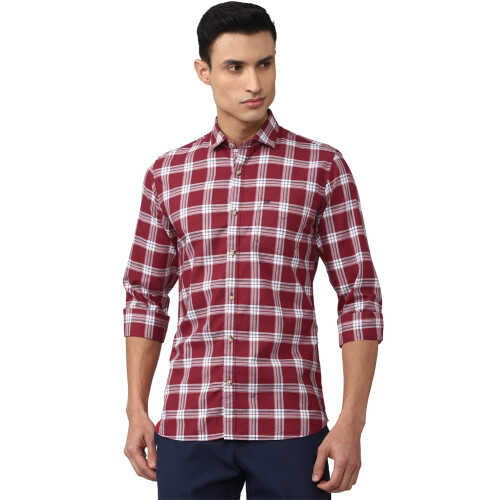 Peter England Ανδρικό Μπορντό Slim Fit Καρό Πουκάμισο Μακρύ Μανίκι