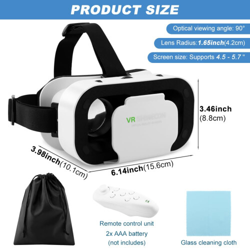VR Headset with Controller for Smartphone, Immersive 360 Viewing, Adjustable Focus, White 4.7–6.5' 2