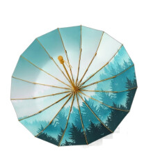 Travel Umbrella Windproof 16 Rib Compact UV Blocking Folding Umbrella with Wooden Handle