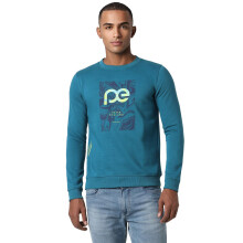 Heren Blauw Gedrukt Ronde Hals Sweatshirt