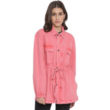 Tales & Stories Kvinders Pink Talje Binde Lang Solid Denim Jakke