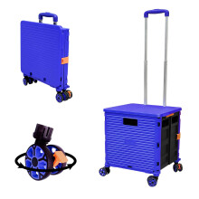 Folding Rolling Crate on Wheels, Heavy Duty Collapsible Cart with Telescoping Handle and 360 Swivel Wheels, Blue