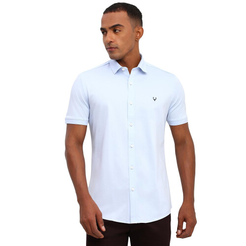 Allen Solly Ανδρικό Μπλε Slim Μονόχρωμο Μισό Μανίκι Casual Πουκάμισα