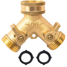 3/4 Inch 2 Way Brass Garden Hose Splitter Y Type Outdoor Faucet Connector with Dual Outlet Control