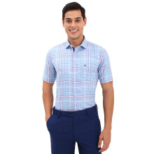 Ανδρικό Μπλε Slim Fit Καρώ Πουκάμισο Μισής Μανικιού