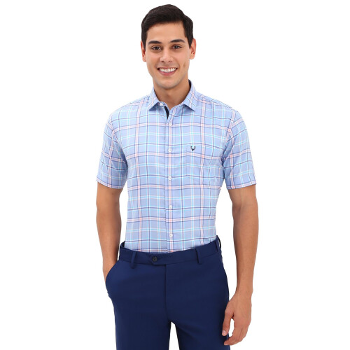 Ανδρικό Μπλε Slim Fit Καρώ Πουκάμισο Μισής Μανικιού