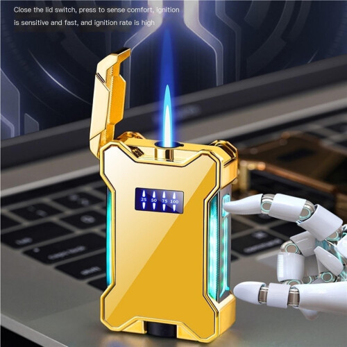 Refillable Windproof Jet Flame Lighter with LED Fuel Window, Adjustable Flame Torch for Camping BBQ Outdoor Use 1