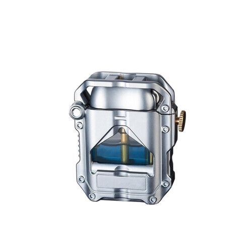 Steampunk Windproof Kerosene Lighter with Transparent Fuel Tank Blue LED Indicator Refillable Silver 2024