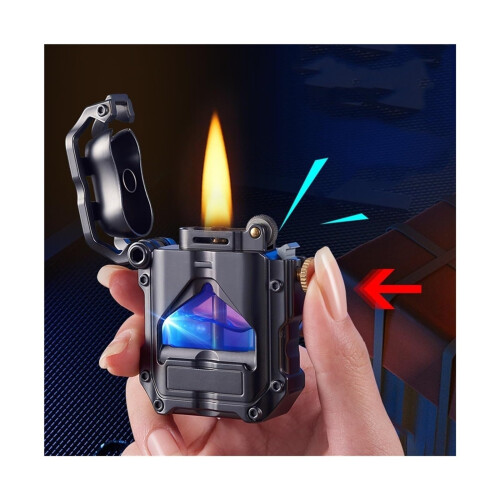 Steampunk Windproof Kerosene Lighter with Transparent Fuel Tank Blue LED Indicator Refillable Silver 2024 1